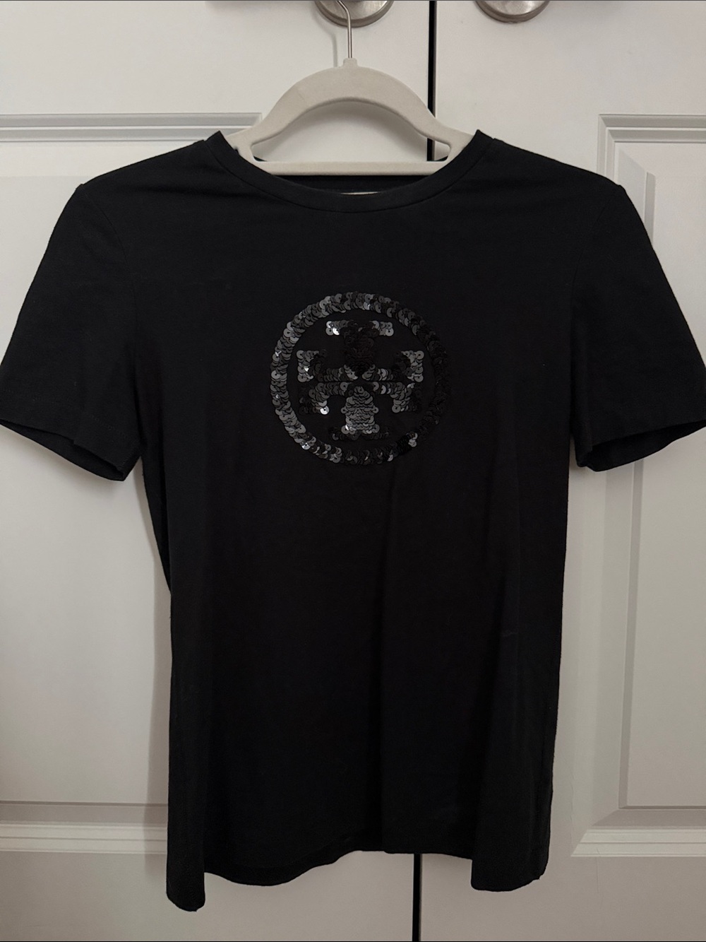 Tory Burch Black Short-Sleeve Tee with Sequin Logo